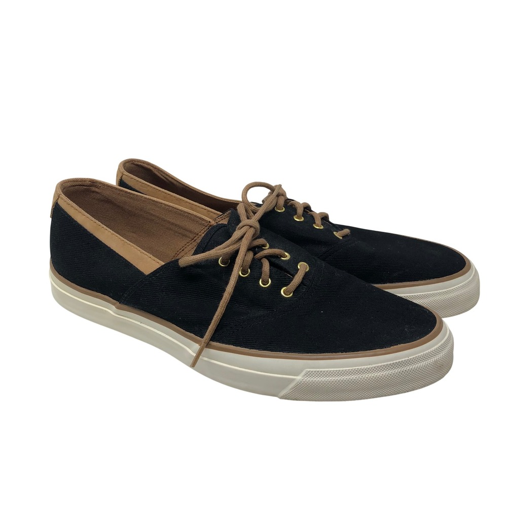 Bass Canvas Deck Shoes Mens 9.5 M‎ Black Tan Leather Trim Low Top 6988 Shoes
